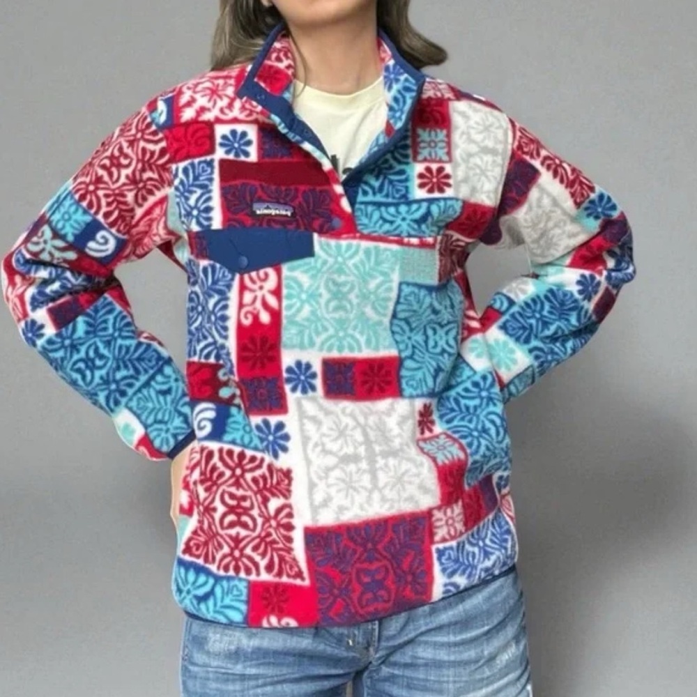 Patagonia Synchilla Snap-T Fleece Pullover XXS Patchwork Print Red Blue Vintage